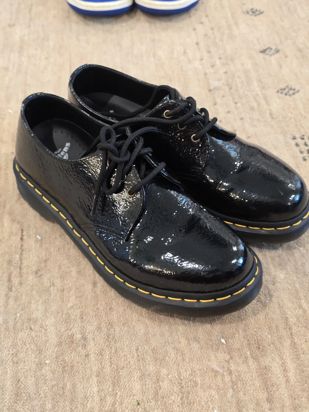 Dr. Martens Black Patent Leather Lace-Up Oxfords with Yellow Stitching